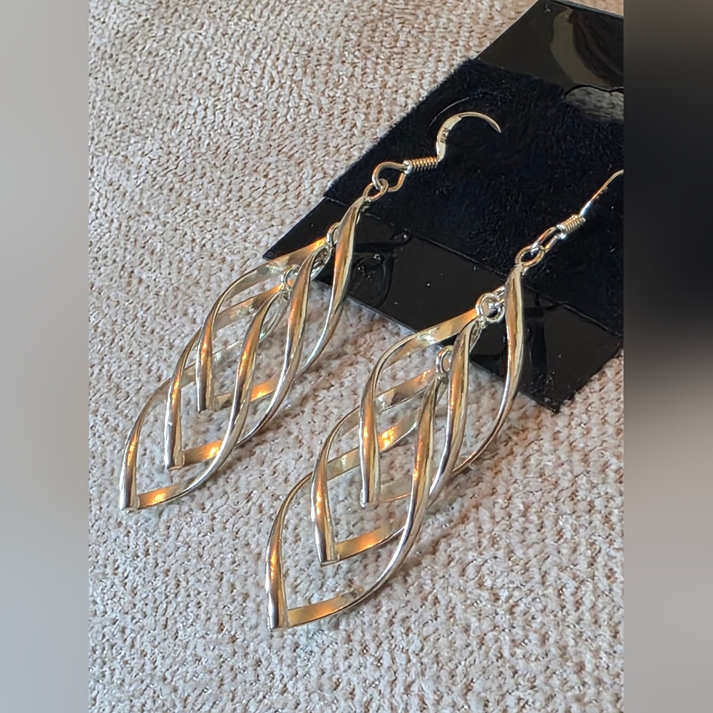 Sterling Silver Twist Leaf Dangle Earrings – 2.25" Long, 925 Stamped